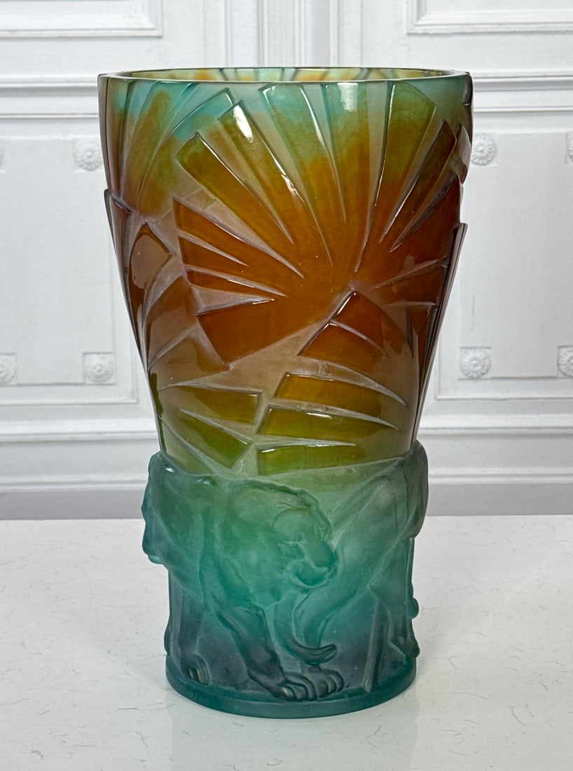 Large Daum Lion & Leaf Glass Vase: Large Daum Lion & Leaf Glass Vase, French, Late 20th Century, Pate De Verre Glass With Lions And Palms In Green And Amber Frosted And Polished Glass, Etched Daum France Edition 10/50, Height 19.5 Diam