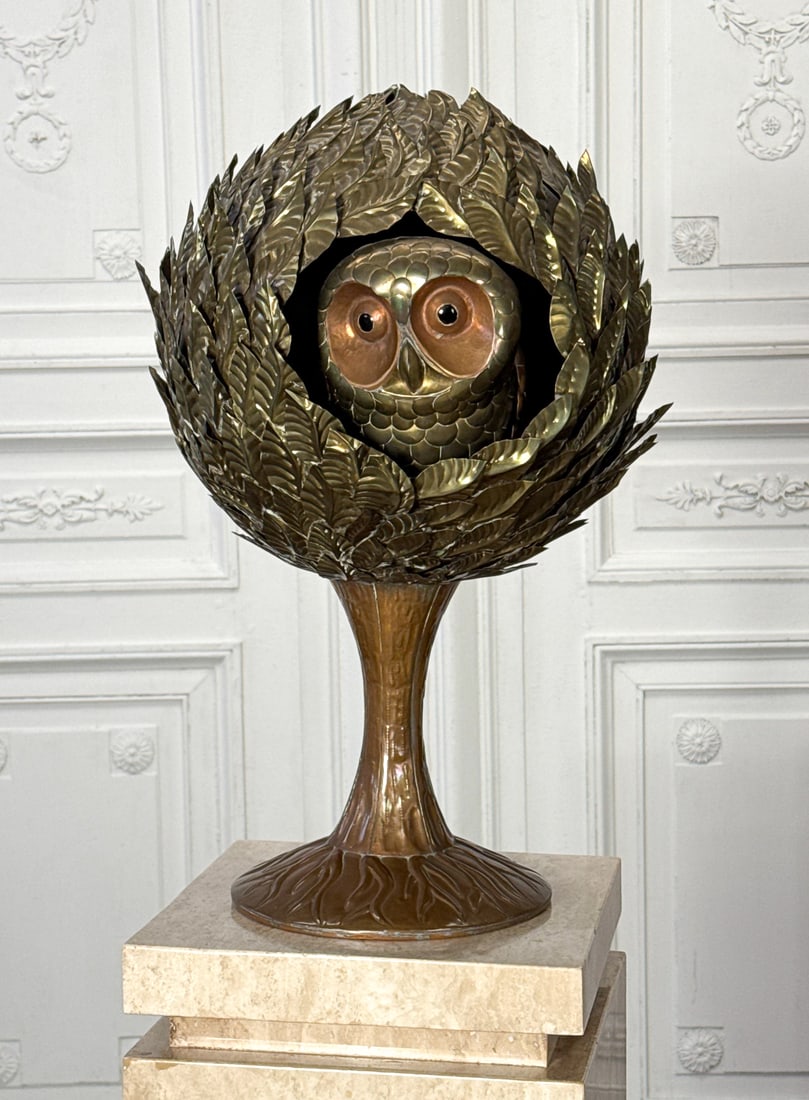 Sergio Bustamante, Mexican, B. 1949: Sergio Bustamante, Mexican, Born 1949, Owl Sculpture, 20th Century, Brass And Copper, Signed With Edition Number 1/100. Height 21 Inches, Width 14 Inches, Base Measures 9 Inches Diameter, Includes Tra