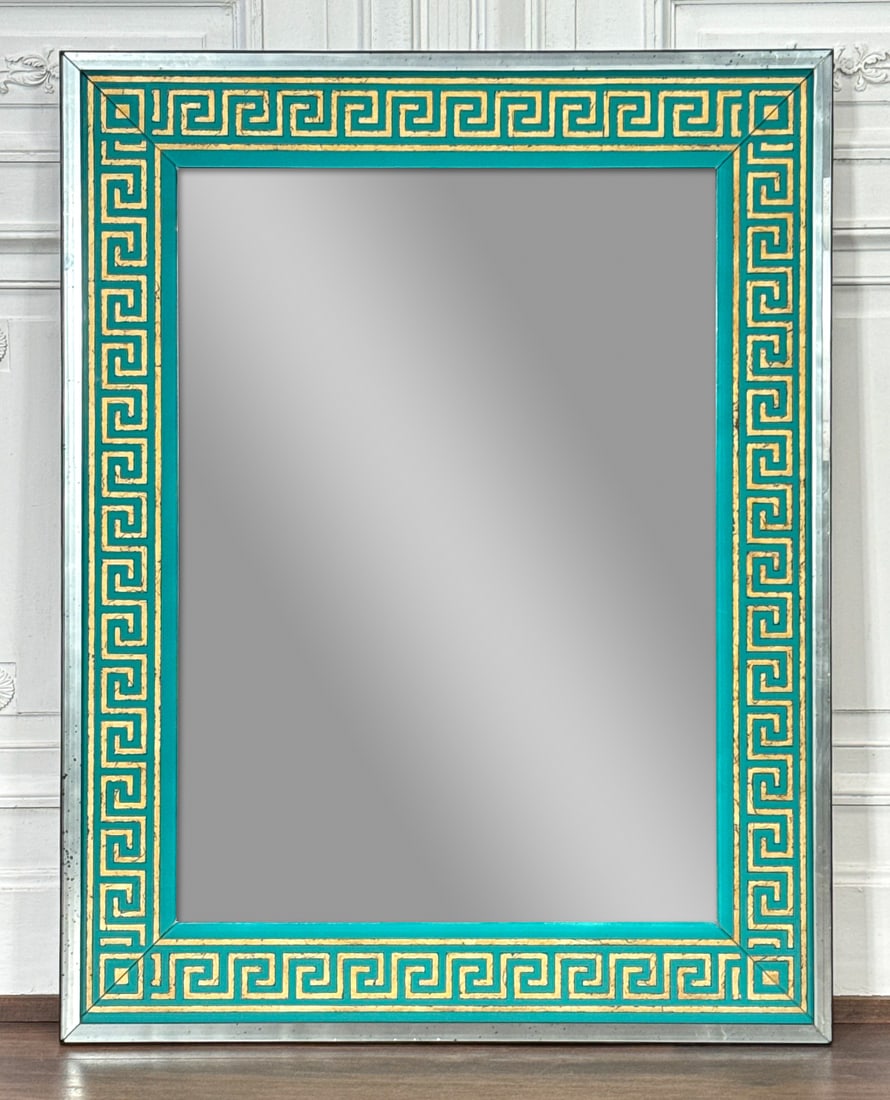 Eglomise Greek Key Motif Mirror: Italian Style Eglomise Greek Key Motif Mirror, Reverse Painted Turquoise Panels With Gilt Greek Key Motif, Red Bole Shows Behind Gold Paint, Beveled Mirrored Frame Edge, Height 54, 42 Width, Depth 1 I