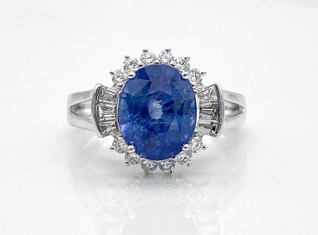 GIA Sapphire & Natural Diamond Platinum Ring: GIA Ceylon Sapphire & Natural Diamond Platinum Ring, 4.12ct Ceylon Sapphire Accented By 0.58ctw Natural Diamonds Set In Platinum, Size 7, Total Weight 6.6 Grams. Wire Transfer Or Zelle Required For Al