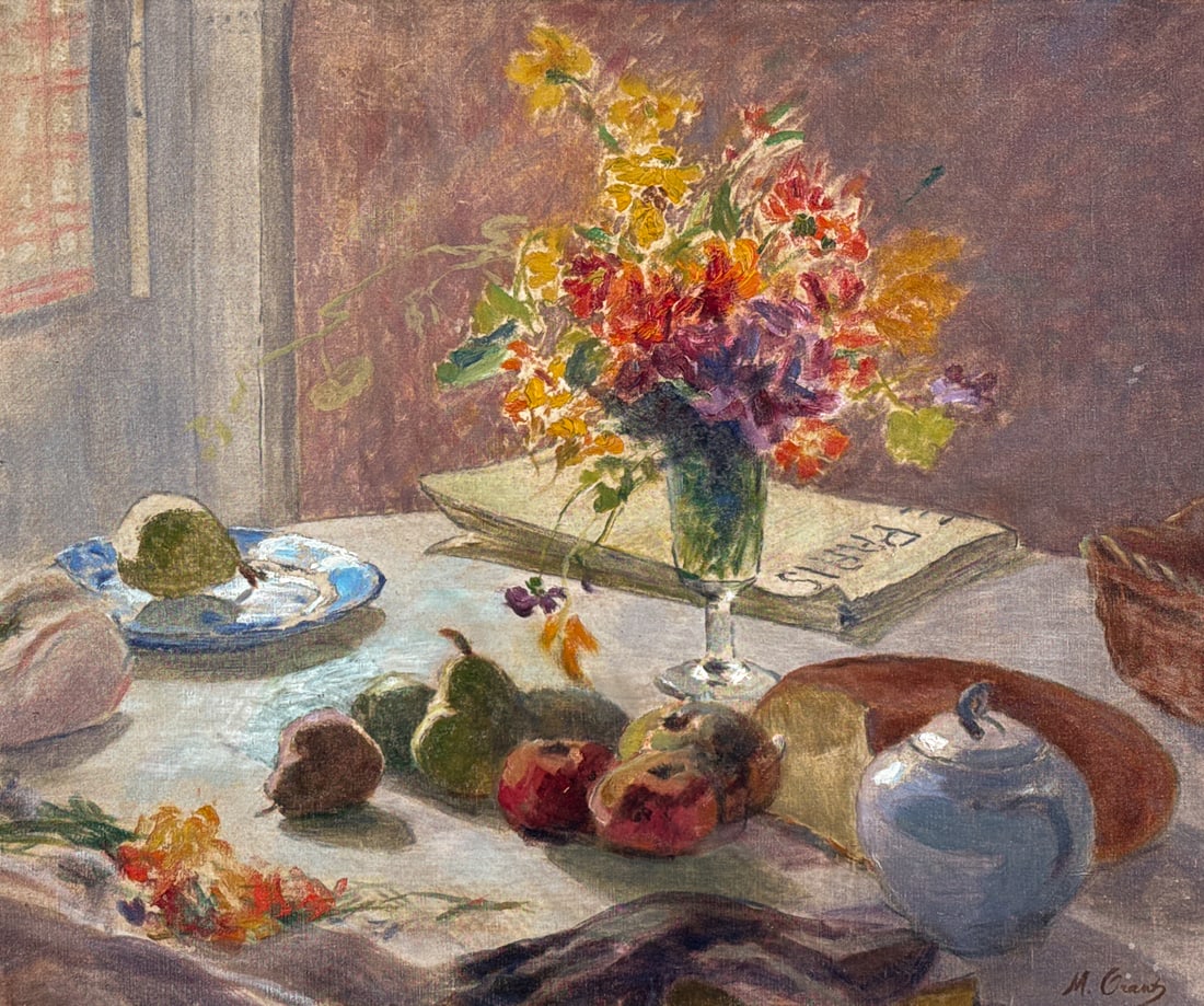 Marthe Orant, French, 1874-1953: Marthe Orant, French, 1874-1953, Nature Morte, Still Life With Fruit, Flowers And Paris Newpaper, Oil On Canvas, Signed Lower Right, Artist Stamp, Titled And Inscribed 1335 #1225 In Ink Verso, 23.5 X 