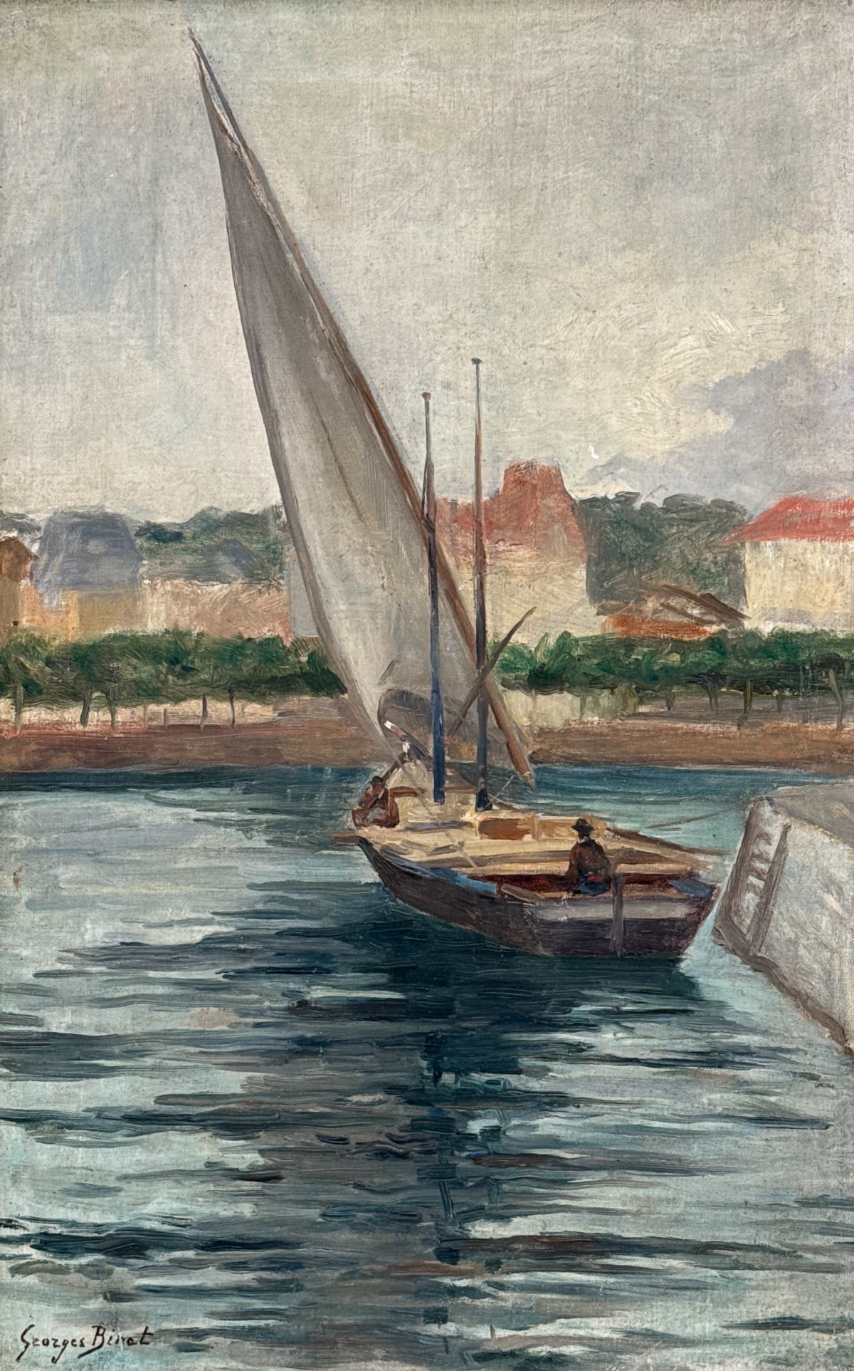 Georges Jules Ernest Binet, French, 1865-1949: Georges Jules Ernest Binet, French, 1865-1949, Sailboat At Dock, Probably Le Havre, Oil On Canvas, Signed Lower Left, 19.75 X 13.5 Inches, Carved And Giltwood Frame With Brass Plaque 25.5 X 19 X 2 Inc