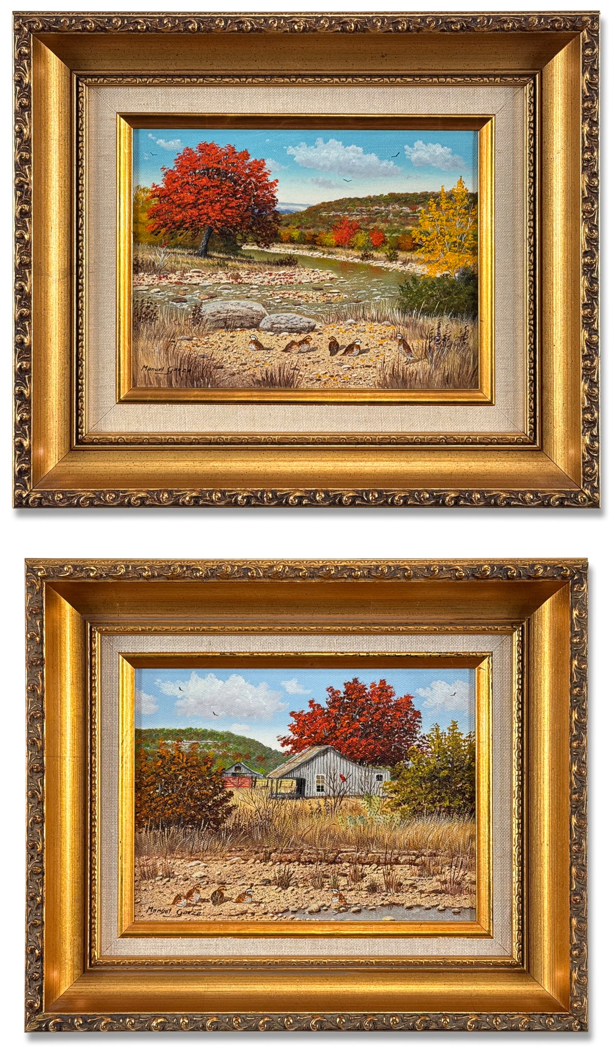 Manuel Garza, American/Texas Born 1940: Manuel Garza, American/Texas Born 1940, Two Fall Texas Hill Country Landscapes Featuring Bobwhite Quail, The First, A Homestead Scene With Signature Cardinal At Center, Oil On Canvas, Sight 5 1/2 High