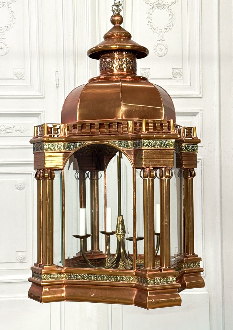 Large French Neoclassical Copper Lantern: Large French Neoclassical Copper Lantern, Brass Fittings, Dome Top, Four Bevel Glazed Arches Flanked By Twin Columns, Four Lights, Blocked Plinth, Height 42, Diameter 22 Inches, Electrification Presen