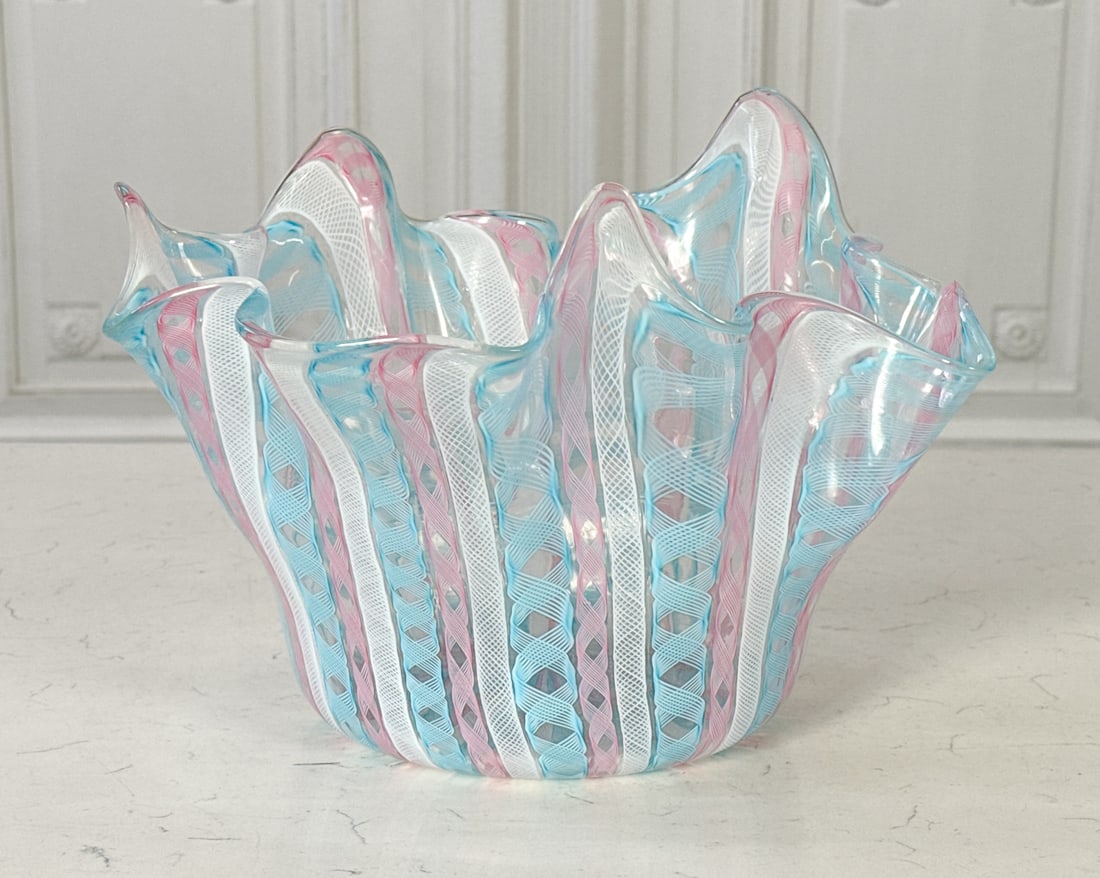 Murano Fazzoletto Glass Vase, Probably Toso: Murano Fazzoletto Glass Vase, Italian, 20th Century, Probably Fratelli Toso, With Pink, Blue And White Latticino Threads In A Handkerchief Form, Unsigned, Height 8.25, Diameter 12 Inches, No Chips Or 