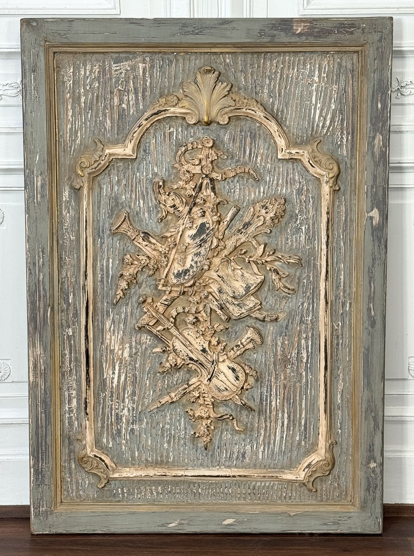 Louis XVI Style Grisaille Architectural Panel: Louis XVI Style Grisaille Architectural Panel, Musical Instruments Trophee In Low Relief On Distressed Wood Panel, Height 62, Width 43, Depth 3 Inches, Structurally Sound, Attractive Rubbed Surface, S