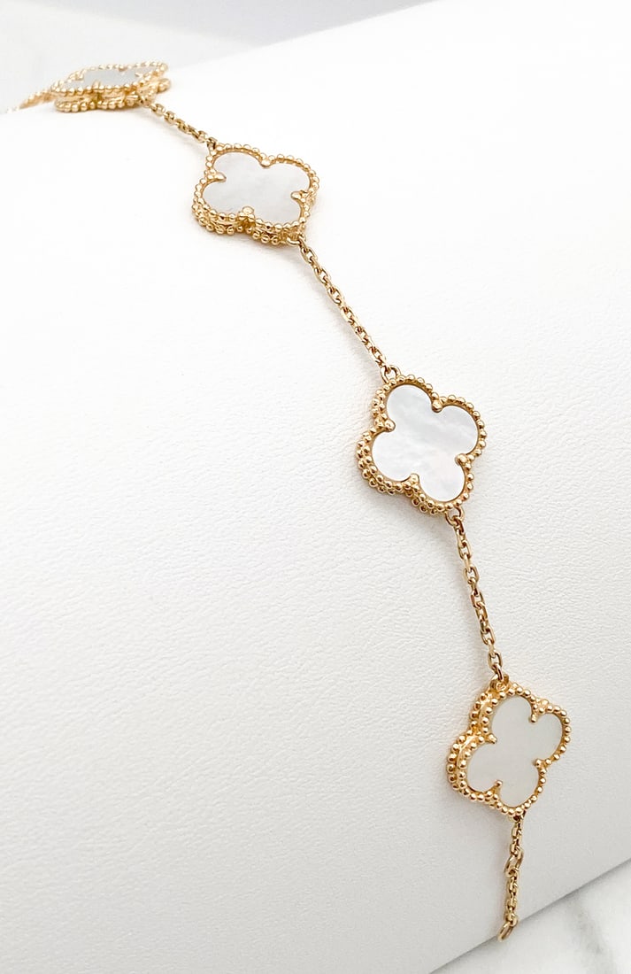 Alhambra Style Mother Of Pearl & 14k Bracelet: Alhambra Style Mother Of Pearl & 14k Yellow Gold Bracelet, 5 Motif In The VCA Style, Adjustable Length 7-7.5 Inches, Weight 7.3 Grams. Wire Transfer Or Zelle Required For All Jewelry And Silver Purcha