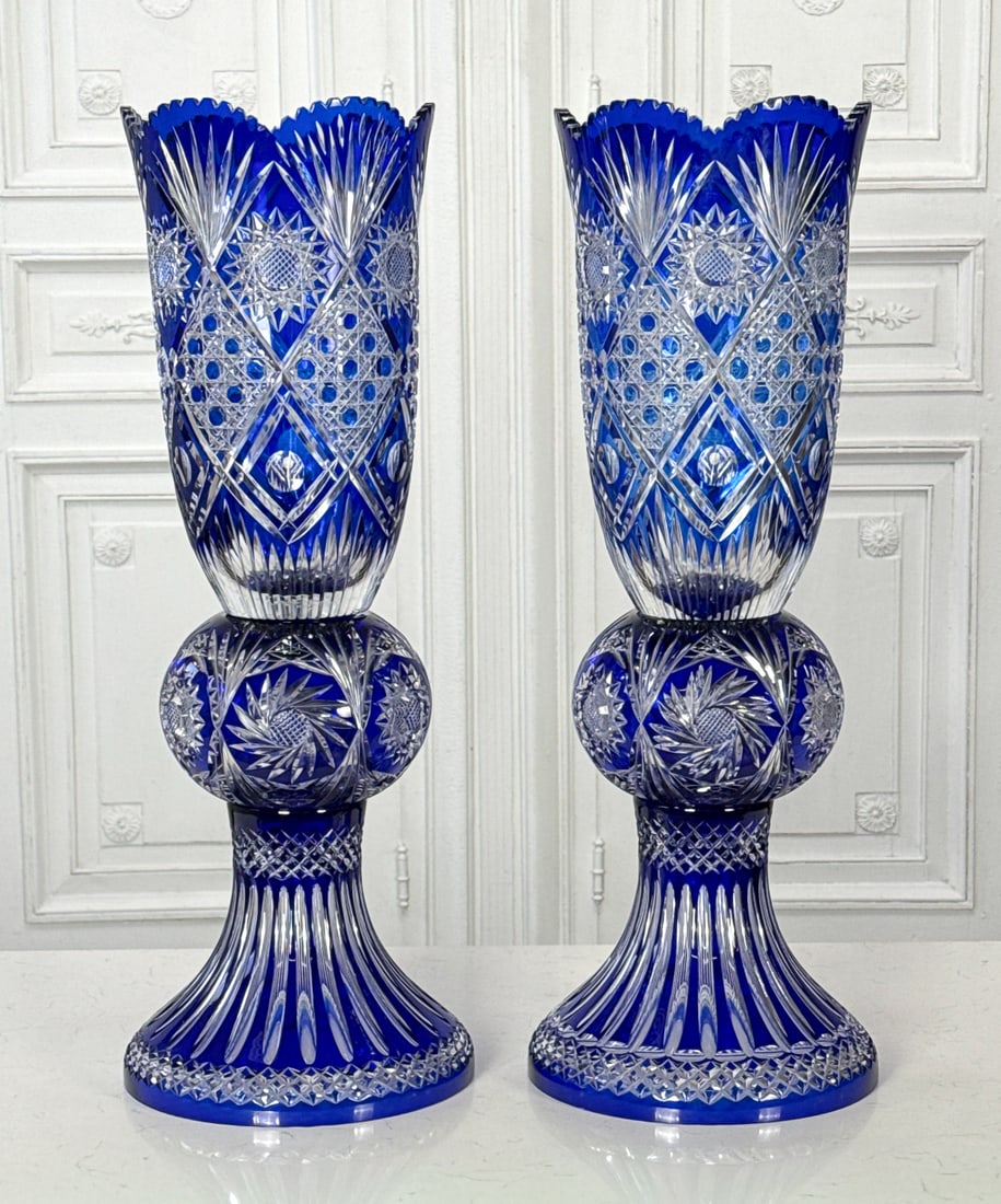 Pair Large Cobalt Cut Glass Hurricane Lamps: Pair Large Cobalt Cut Glass Hurricane Lamps, Probably Bohemian, Each Blue Cut To Clear Crystal In Three Sections, Height 31.5, Diameter 10 Inches, No Cracks Or Chips Observed, From The Collection Of T