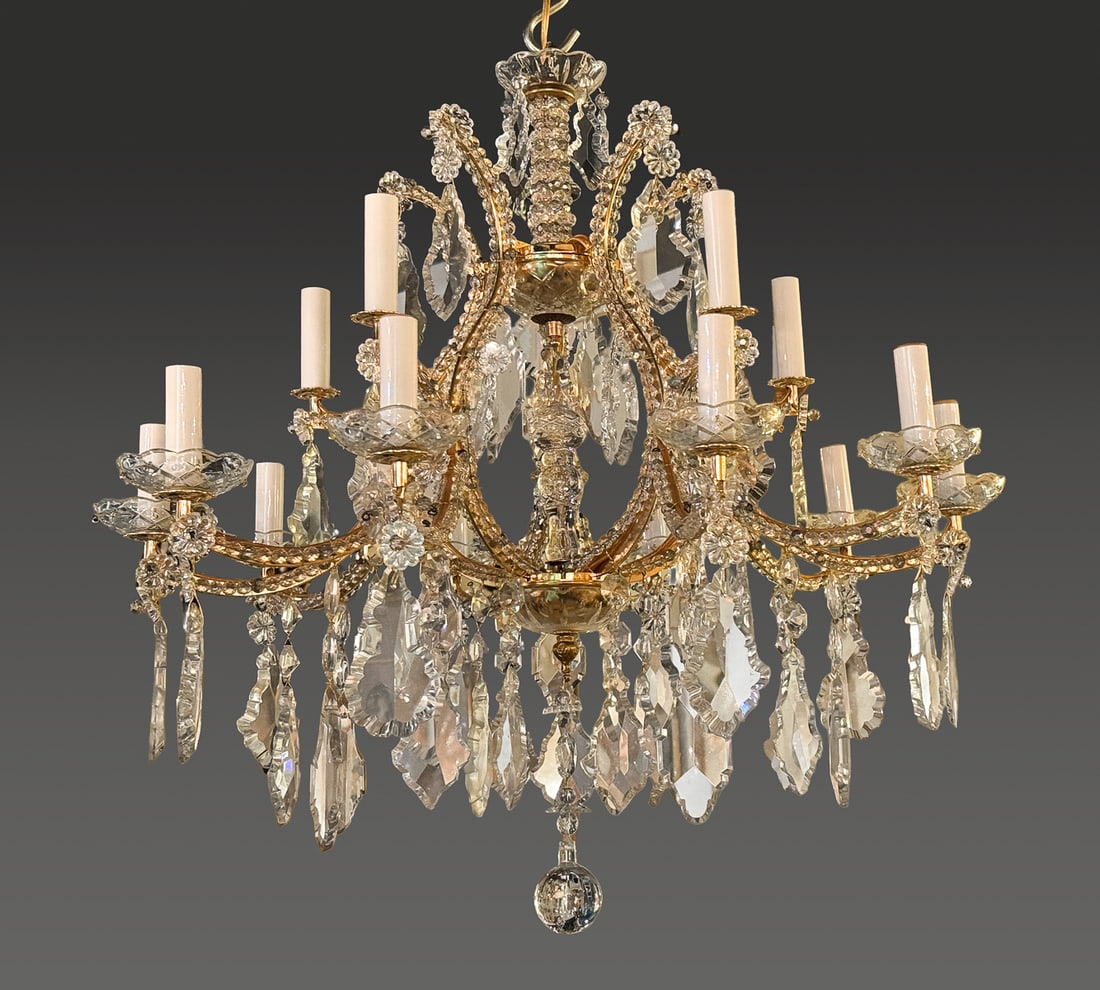 Italian Beaded Glass Chandelier: Small Italian Beaded Glass Chandelier, Cage Armature With Scroll Arms Hung With Cartouche Crystal Pendants, Height 26 Inches, Width 28 Inches, From The Collection Of Thomas Grant, Dallas, TX.