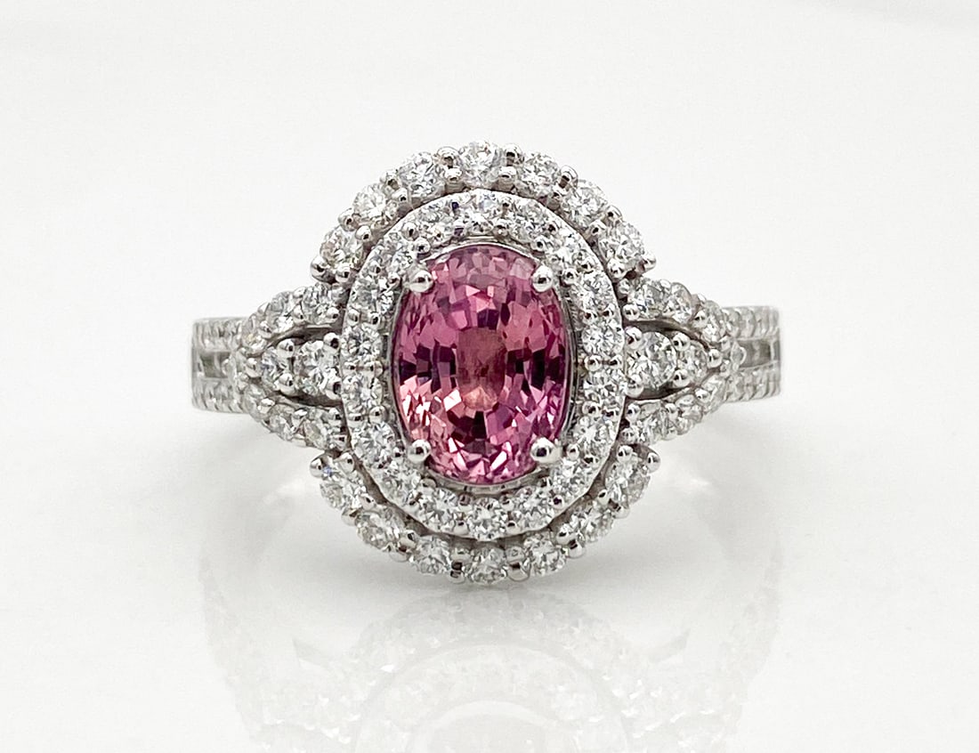 GIA Rare Pink Sapphire & Natural Diamond Ring: GIA Rare Pink Sapphire & Natural Diamond Ring, 1.49 Carat Natural Pink Sapphire Surrounded By 0.76 Carats Natural Vs1-Vs2, F-G Color Diamonds, Size 6.75, Total Weight 6.7 Grams. Wire Transfer Or Zelle