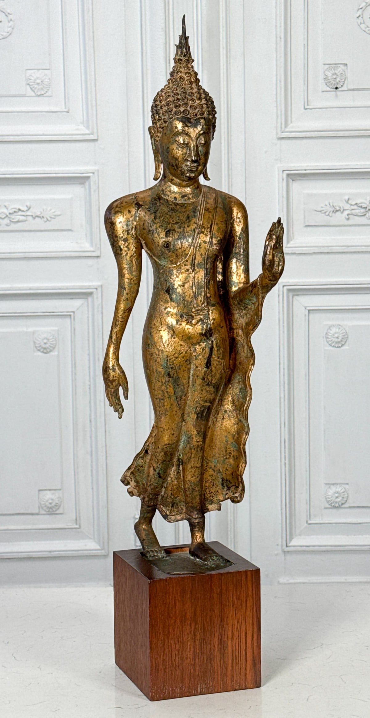 Antique Thai Gilt Bronze Buddha: Antique Thai Gilt Bronze Buddha, Probably 20th Century, Standing Pose With Hand In Abhaya Mudra Gesture, Figure Height 25 Inches, On Hardwood Base, Overall 31.5 X 5.5 X 6 Inches, Structurally Sound, M