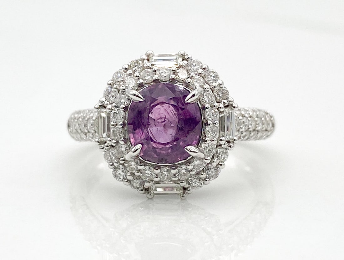 GIA Unheated Kashmir Sapphire & Natural Diamond: GIA Rare Unheated Kashmir Sapphire & Natural Diamond, 1.52ctw Kashmir Sapphire Surrounded By 0.94ctw Vs1-Vs2, F-G Natural Diamonds, Platinum Setting, Size 6.75, Total Weight 5.8 Grams. Wire Transfer O