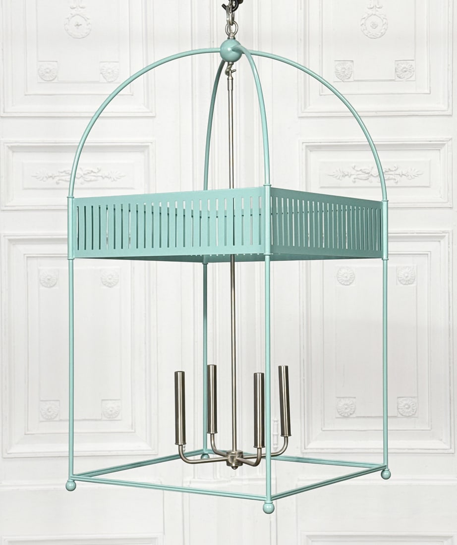 Urban Electric Lillibette Hanging Lantern: Urban Electric Lillibette Hanging Lantern, Pale Blue Turquoise And Brushed Nickel, Height 40 in, Width 20 in, Depth 20 in.