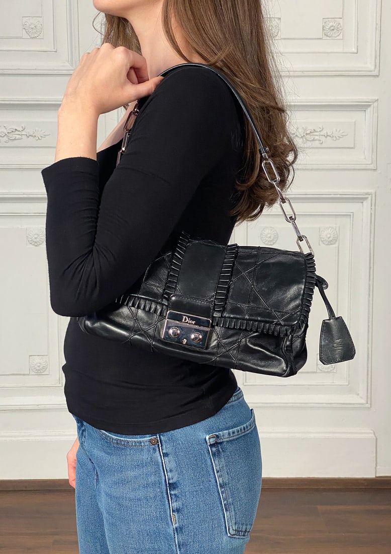 Christian Dior Ruffle New Lock Medium Flap Bag: Christian Dior Ruffle New Lock Medium Flap Bag, Black Lambskin, Cannage Pattern And Ruffles, Silver Tone Hardware, 10-ma-0099, Stamped Made In Italy, Approximate Height 6.5 Inches, Width 11.5 Inches, 