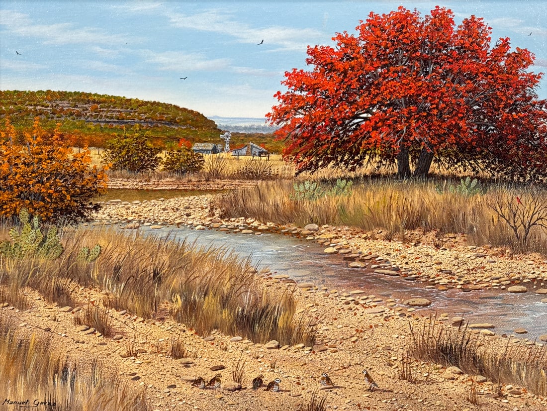 Manuel Garza, American/Texas Born 1940: Manuel Garza, American/Texas Born 1940, Fall Landscape Of Creek Bed And House In The Texas Hill Country. Bob White Quail In The Foreground And Signature Cardinal Perched In Tree At Right. Oil On Canva