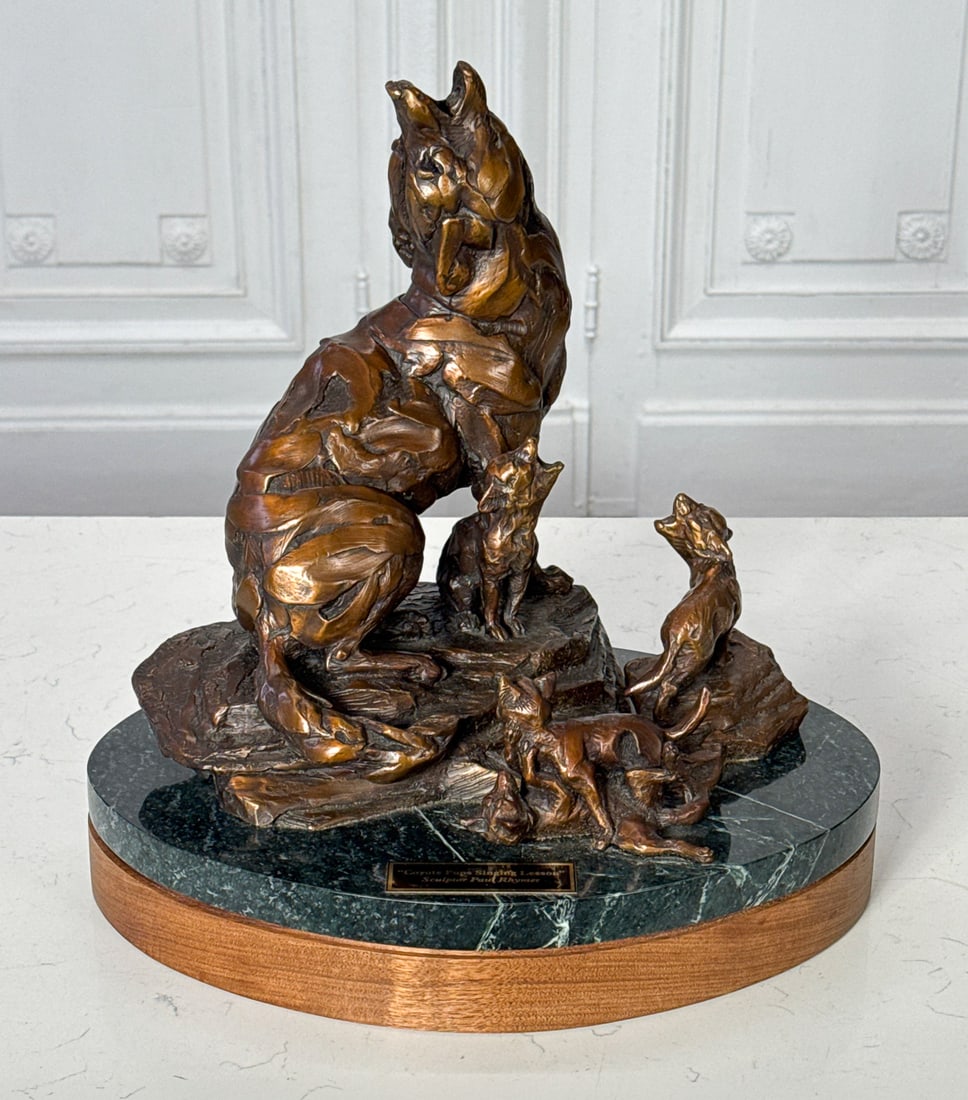 Paul Rhymer, American, Born 1962: Paul Rhymer, American, Born 1962, 21st Century, Coyote Pups Singing Lesson, Bronze Marked 2013, 15/25, Verde Marble Base On Wood Plinth, Height 14, Width 14, Depth 11 Inches