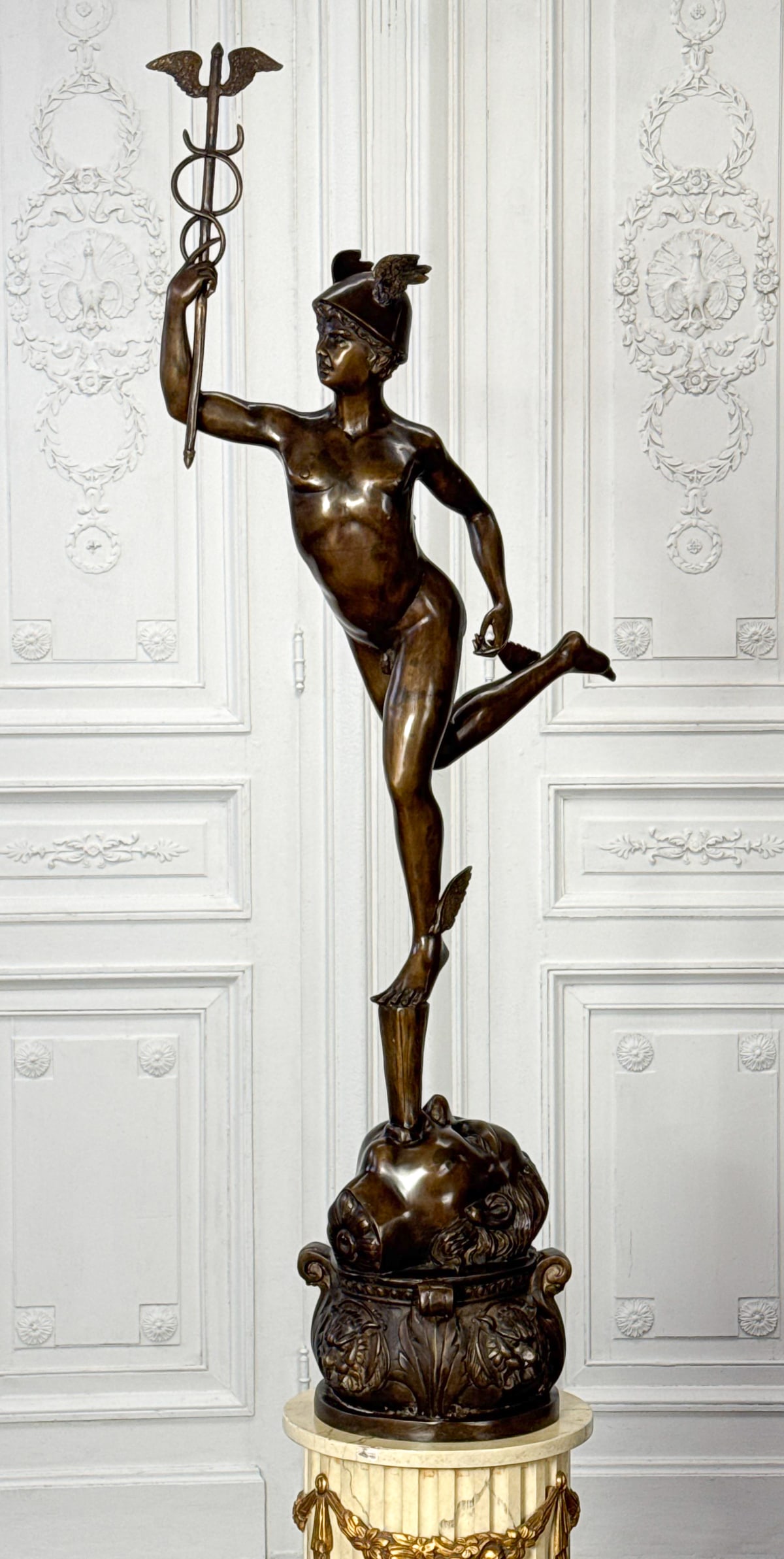 Large Bronze Mercury Sculpture After Giambologna: Large Bronze Mercury Sculpture After Giambologna, Sculpture Approximate Height 62 Inches, Width 32 Inches, Depth 14 Inches, Includes Faux Finished Pedestal (Pedestal Measures 31 X 16 Inches), Review