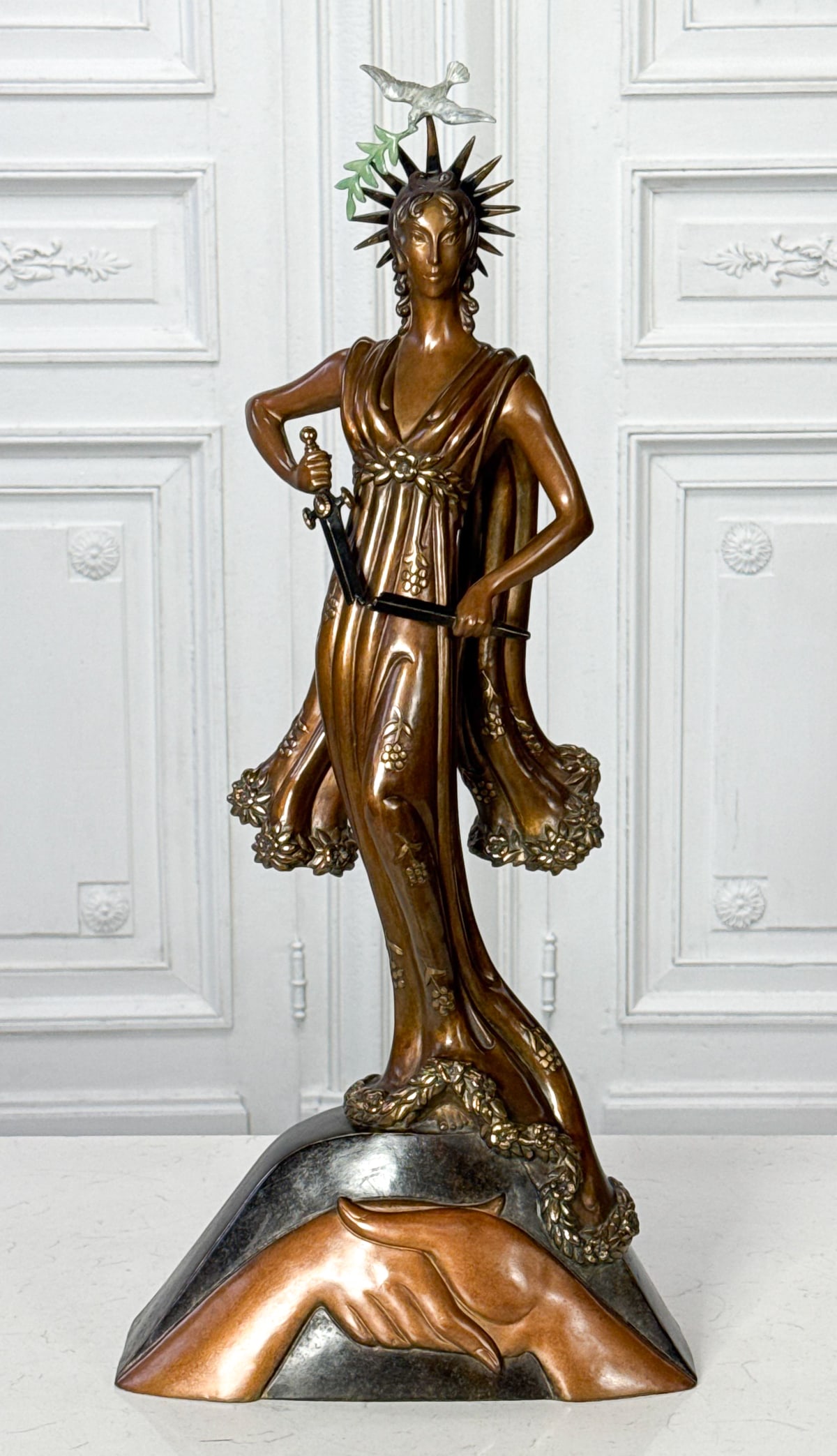 Erte, Romain De Tirtoff, Russian/French,1892-1990: Erte, Romain De Tirtoff, Russian/French,1892-1990, Peace, Bronze, Marked 12/,500, 1984 At Base, 26 1/4 High, 12 Inches Wide, 5 Inches Deep.