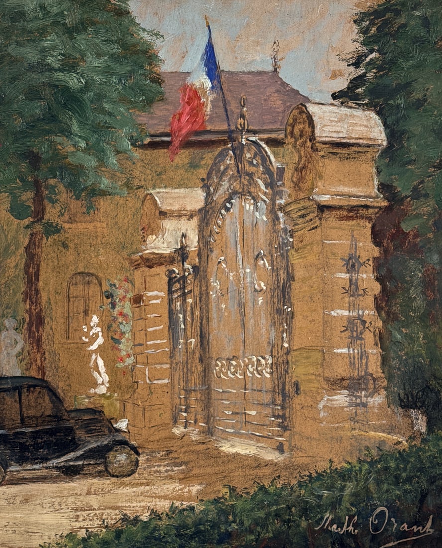 Marthe Orant, French, 1874-1953: Marthe Orant, French, 1874-1953, Palace Gate With Automobile, Oil On Cradled Masonite, Signed Lower Right, Artist Stamp, Partial Paper Label And Ink Inscription #029 Verso, 21.5 X 18 Inches, Carved An