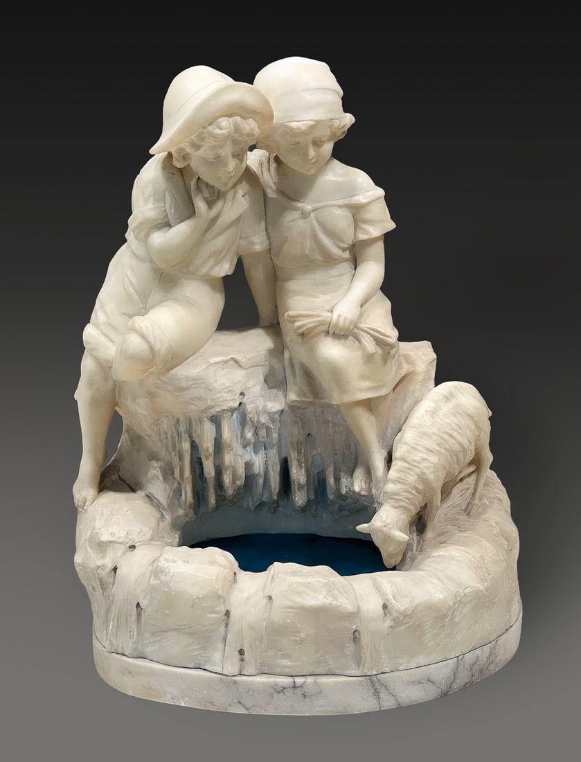 Marble Sculpture Of Couple At A Fountain: Marble Sculpture Of Couple At A Fountain, Italian, Early 20th Century, Carrara Marble Sculpture With Later Epoxy "Water" In Basin, Drilled At Some Point For Electrification, Height 15, Width 12,