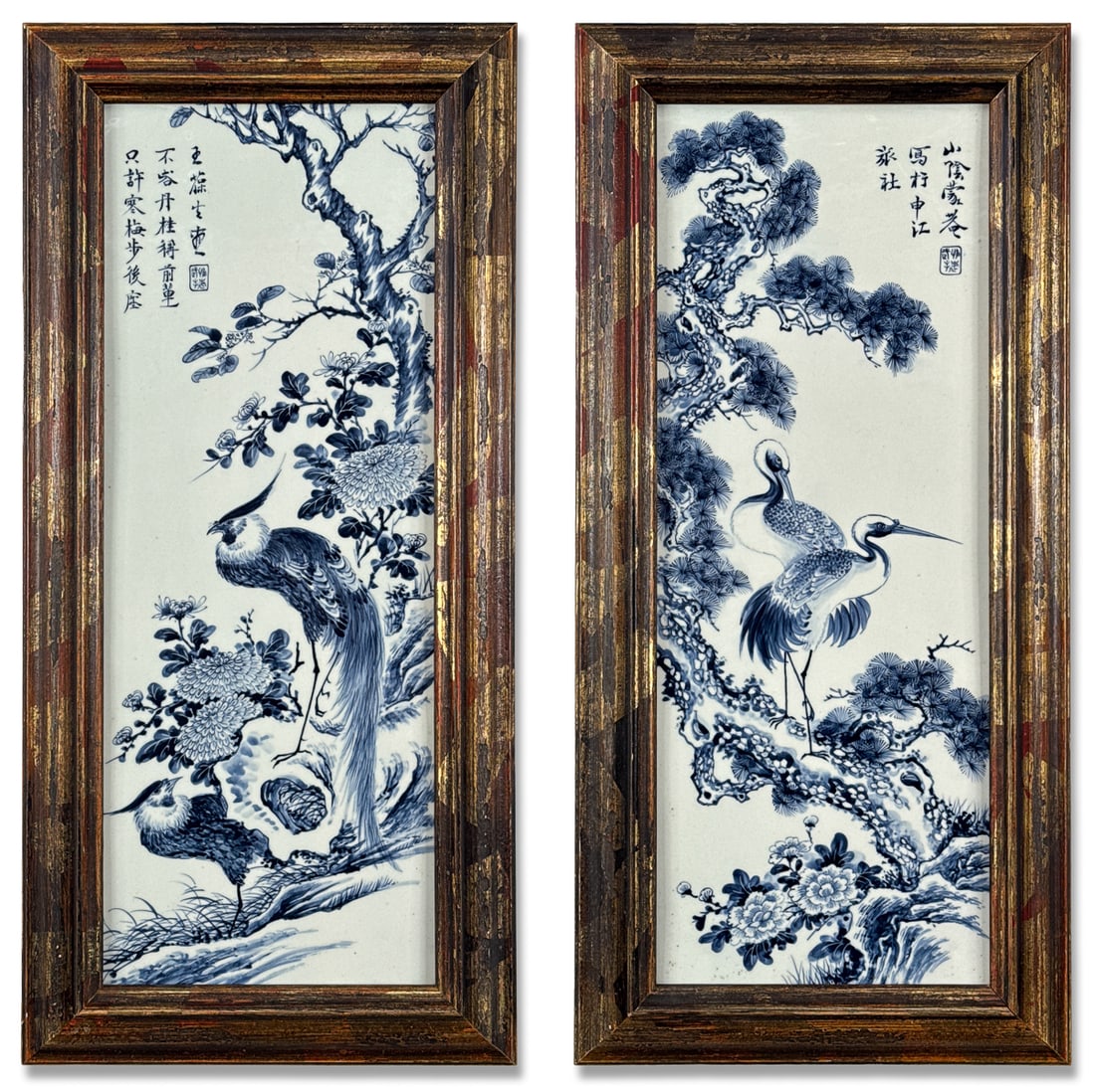 Pair Chinese Blue & White Porcelain Bird Plaques: Pair Chinese Blue & White Porcelain Bird Plaques, Probably 20th Century, With Cranes And Phoenixes In Landscapes, Poetry Upper Corners, Each With Charles Adams Gallery Label Verso, Each 21 X 7.5