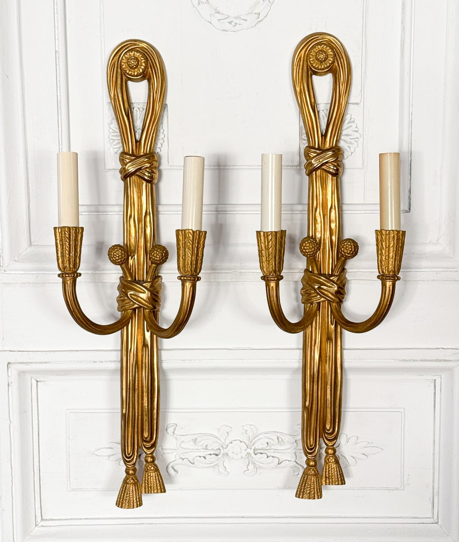 Pair French Empire Style Bronze Sconce: Pair French Empire Style Bronze Sconce, Bronze Tassel Style Sconces In The Neoclassical Taste, Electrification Present, Height 21 3/4, Width 6 1/2, Depth 4 1/4 Inches
