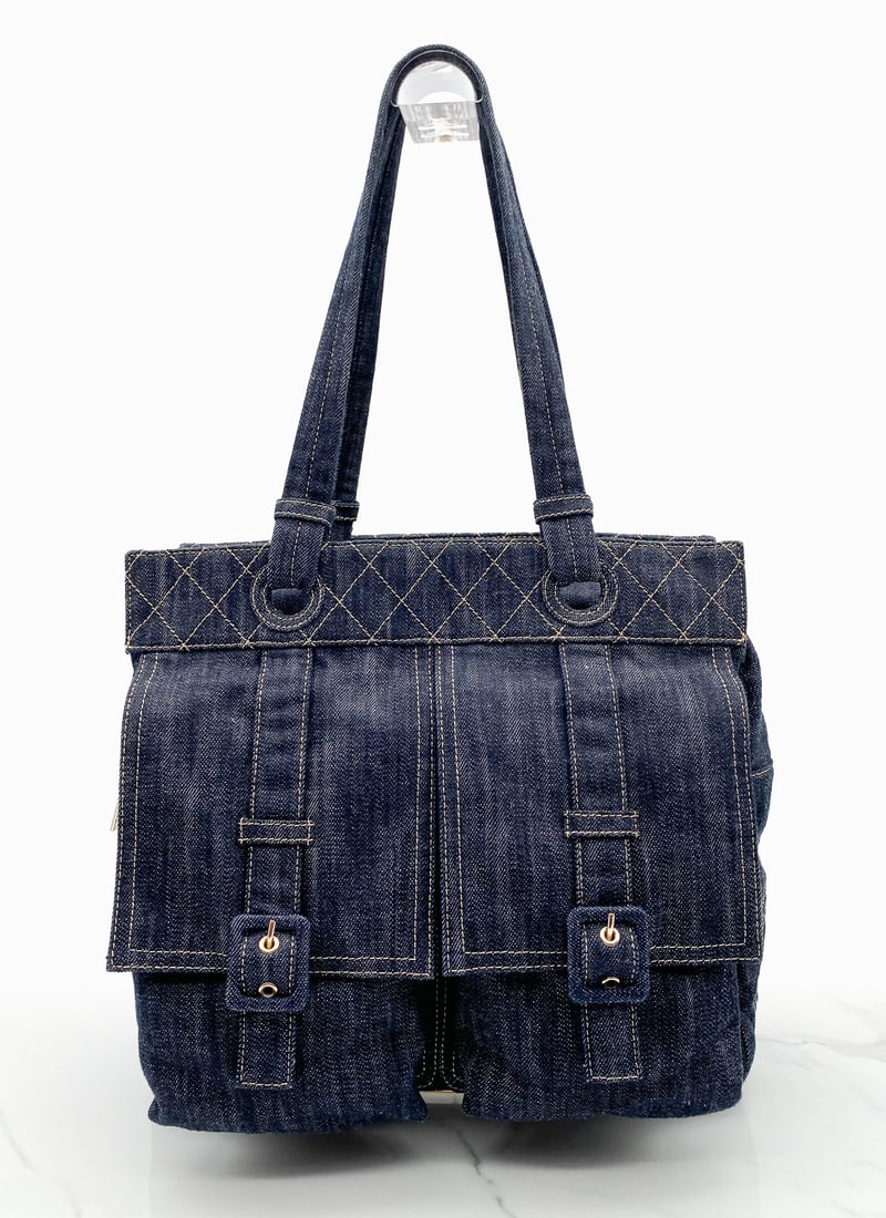 Chanel Denim Double Pocket Tote Bag: Chanel Denim Double Pocket Tote Bag, Dark Blue Denim And Gold Tone Hardware, Serial Number Sticker Indicates 2005-2006 Production, Length 12 In, Width 5 In, Height 11 In, Drop 10 In, Zipper Fobs