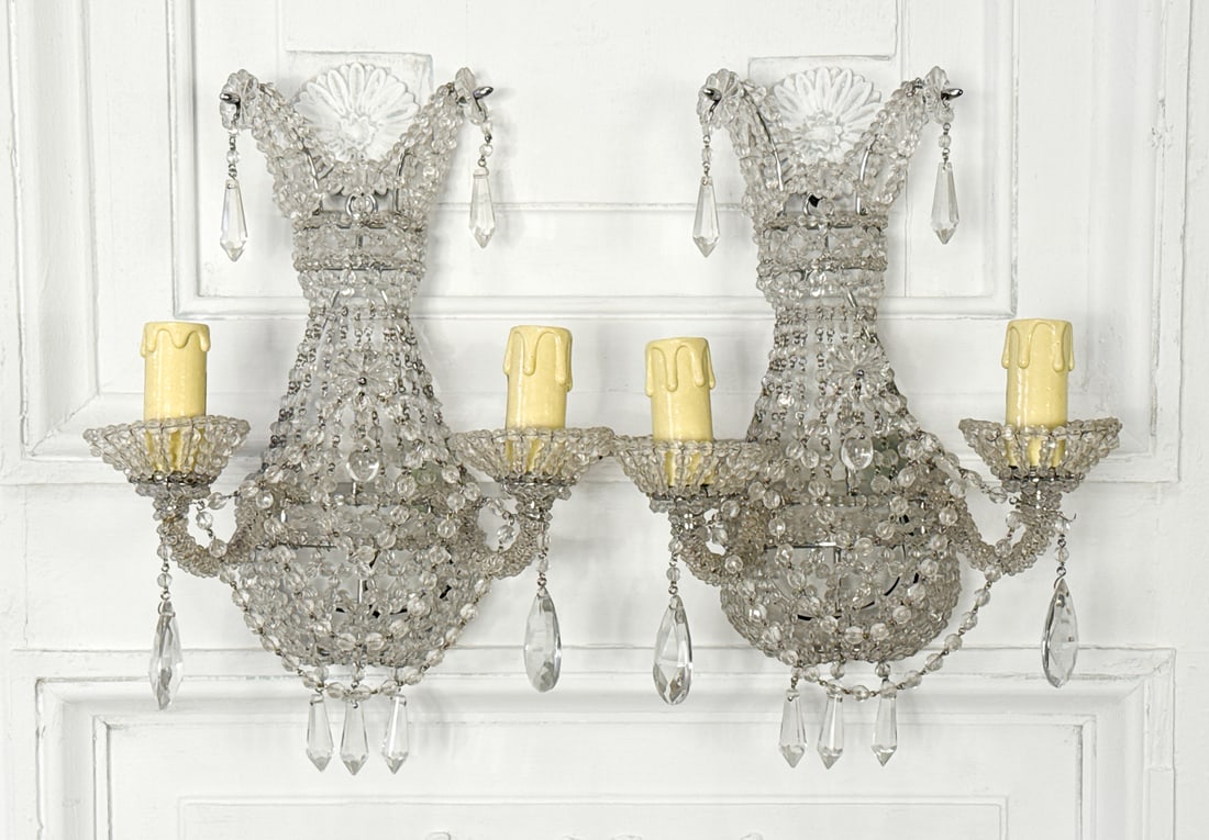 Pair Small Italian Beaded Glass Scones: Pair Small Italian Beaded Glass Scones, In The Neoclassical Or Louis XVI Taste, Each With Basket Form, Scroll Arms With Two Lights, Height 13, Width 9, Depth 5 Inches, Structurally Sound,