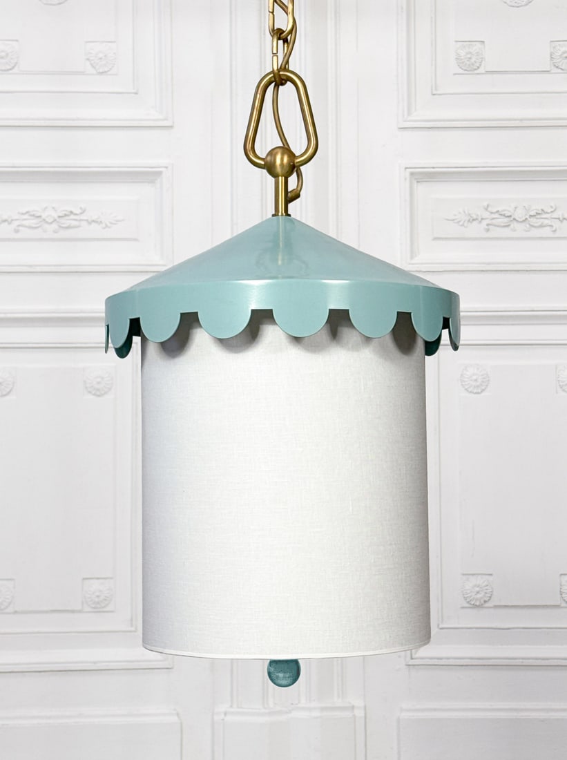 Urban Electric Oliver Pendant Light: Urban Electric Oliver Pendant Light, Pale Turquoise Scalloped Top, Off-white Linen Shade, Pendant Is 18 Inches Long, Add 7 Inches For Brushed Gold Hook For 25 Total Inches. Diameter 17 Inches.