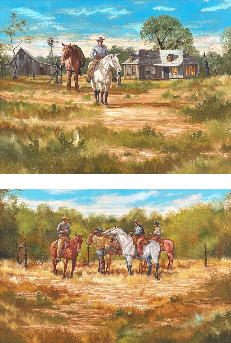 Roger Iker, American/Texas, 1945-2019: Roger Iker, American/Texas, 1945-2019, Two Works, The First: Cowboys On Horseback, Oil On Canvas, Sight Height 23 3/4 Inches, Width 35 1/2 Inches, Framed Dimensions Height 32 Inches, Width 43 1/2