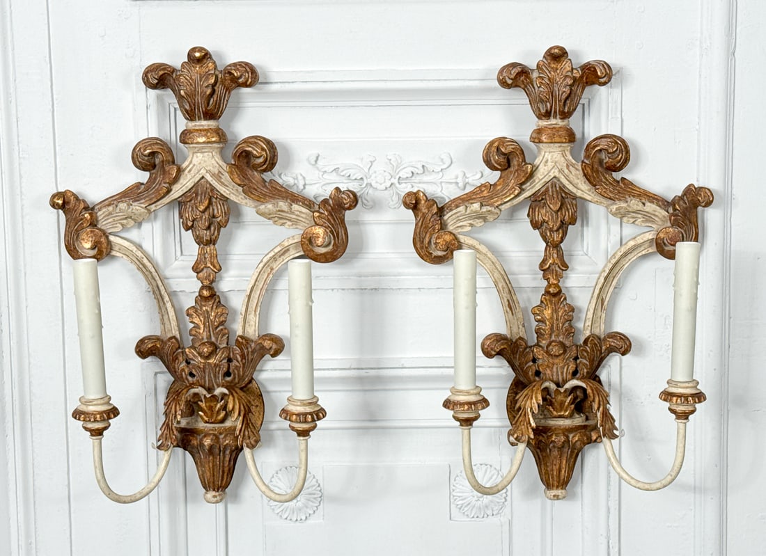 Pair Italian Parcel Giltwood Sconces: Pair Italian Parcel Giltwood Sconces, Neoclassical Style With White Painted Ribbon And Feather Shield Backs, Two Lights On Upswept Arms, Height 21 Width 11, Depth 6.5 Inches, Structurally Sound And