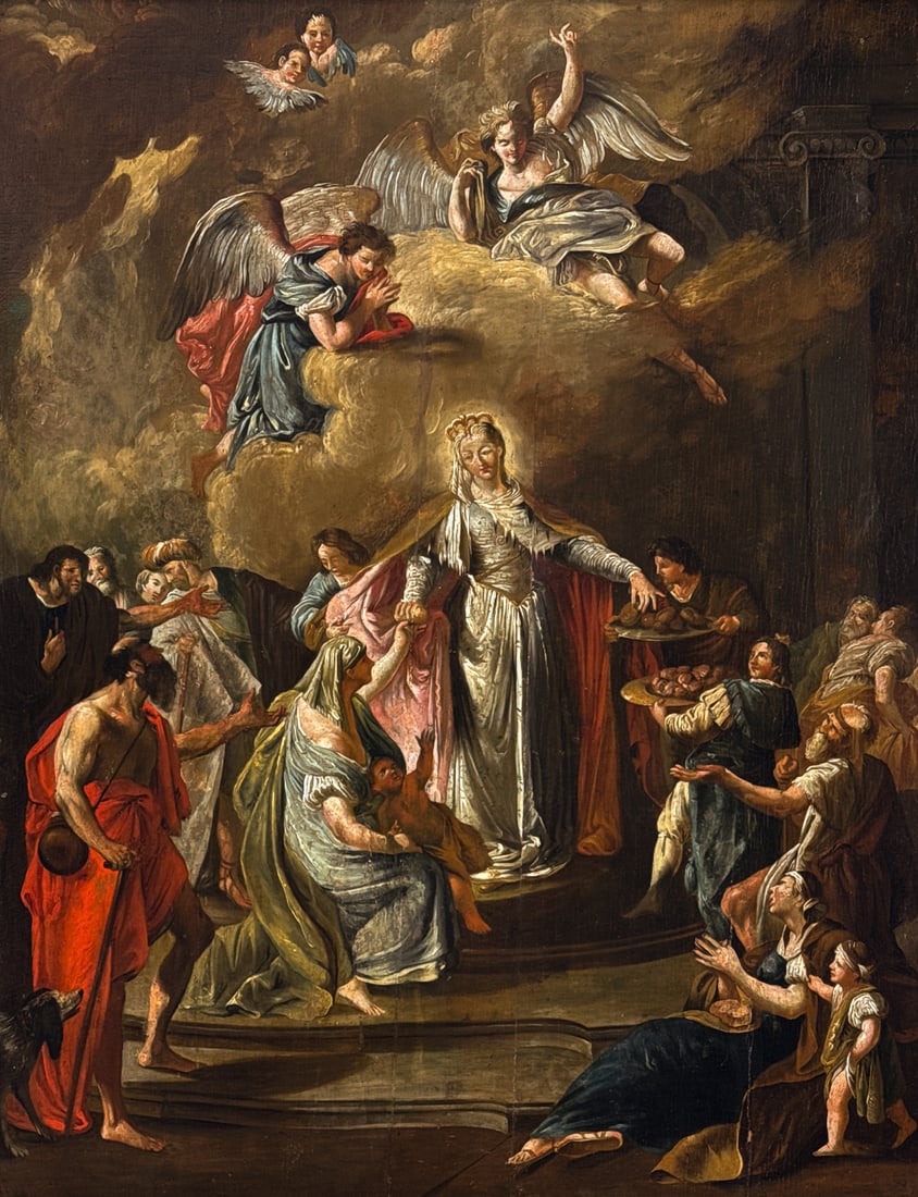 After Giambattista Pittoni, Italian, 1687-1767: After Giambattista Pittoni, Italian, 1687-1767 (Giovanni Battista Pittoni), St. Elizabeth Of Hungary Giving Alms, 19th Century, Oil On Wood Panel, 28 X 21 Inches, Later Gilt Frame, 40 X 33.5 X2