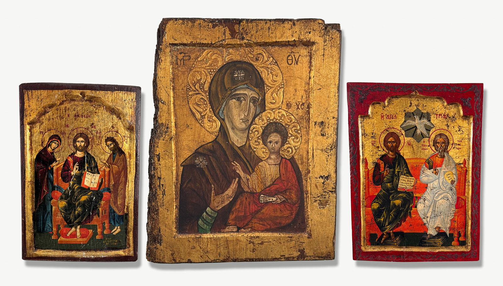 Three Greek And Russian Orthodox Icons: Three Greek And Russian Orthodox Icons, Probably 20th Century, Two Holy Trinity, One Mary Mother Of God, All Tempera Paint And Gilt On Wood Panel, Two Former 12 X 9 X 1 Inches, Latter 16 X 13 X 1
