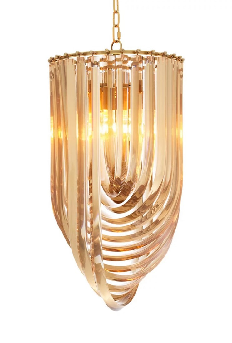 Eichhotlz Art Deco Style "Murano" Chandelier Pendant: Eichholtz Art Deco Style "Murano" Chandelier Pendant, Champagne Colored Acrylic And And Bronze Tone Armature With Four Lights, Height 25.5, Diameter 14 Inches, Electrification Present, But Function No