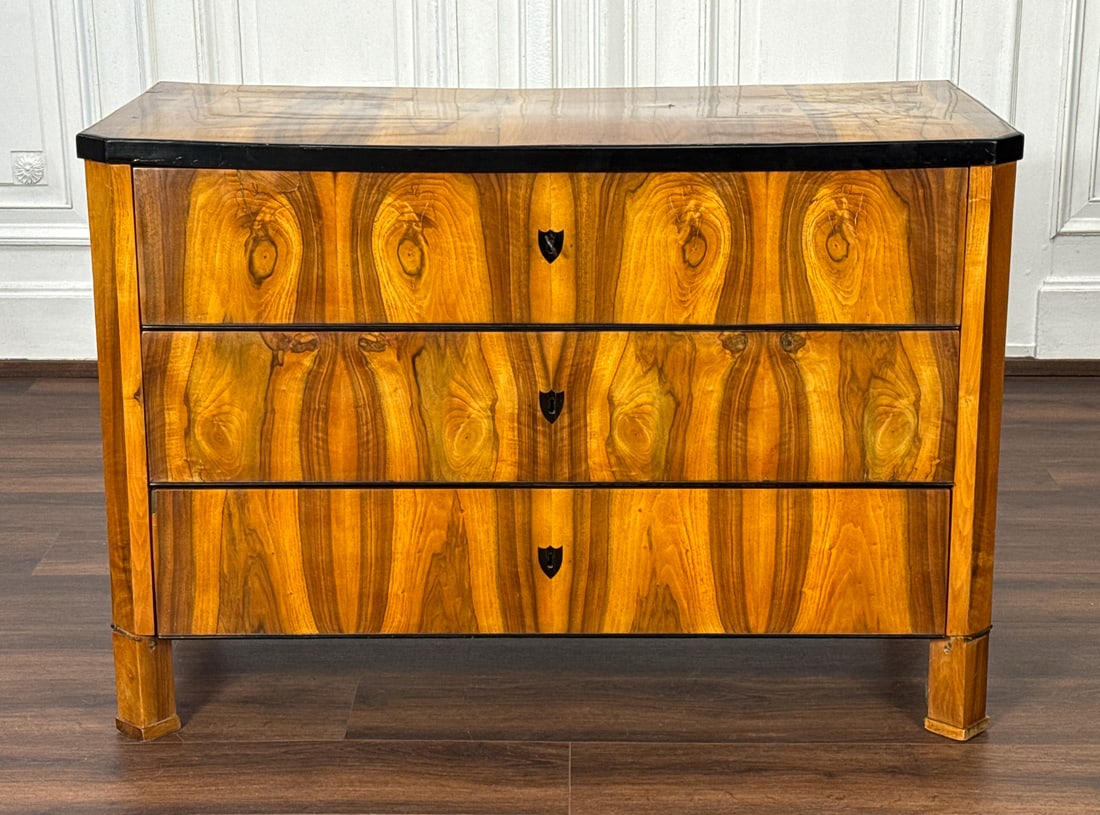 19th Century German Biedermeier Commode: 19th Century German Biedermeier Commode, Walnut, Height 38.5, Width 48 1/8, Depth 23 1/2 Inches, Attractive Patina, Warping To Top And Some Shrinkage Cracks Commensurate With Age, Key Present, Missing