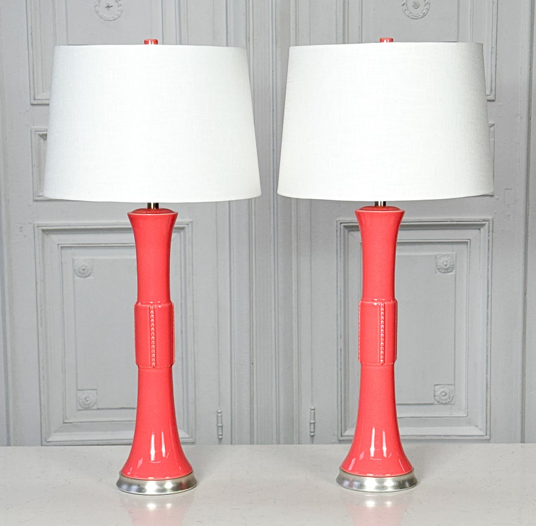Pair Hwang Bishop Crane Lamps: Pair Hwang Bishop Crane Lamps, Coral Bases, White Linen Shades, Overall Height, 32 3/4 Inches High, 16 Inch Shade Diameter, Lamp Bases Approximately 6 1/4 Inches, Over $1000 Each At Retail,