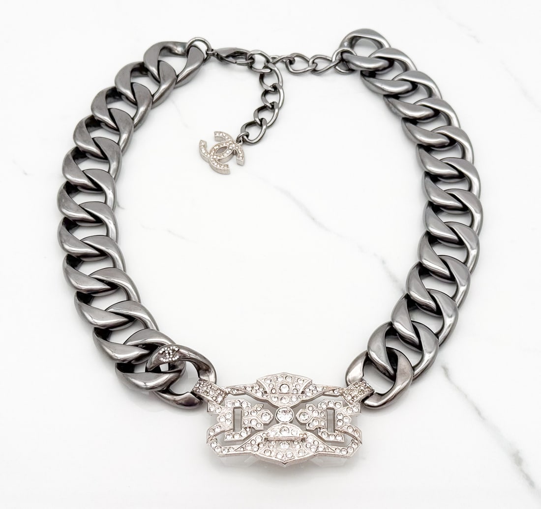 Chanel CC Chain Necklace: Chanel CC Chain Necklace, Ruthenium Hardware And Rhinestones, Clasp Marked Chanel B14 C Made In Italy For Cruise Fall/winter Act 1 2014, Adjustable 18 To 22 Inches, Includes Chanel Box.