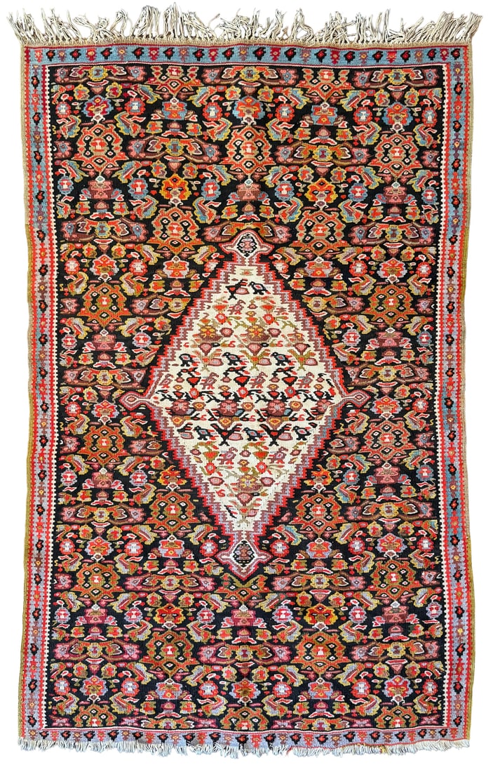 Senneh Kilim Rug 4'10 X 3'2: Senneh Kilim Rug 4'10 X 3'2, Concentric Geometric Center Featuring Birds And Flowers, Chartreuse, Coral, And Blues On Black Ground. See Photos For Areas Of Mellowing, Structurally Sound.