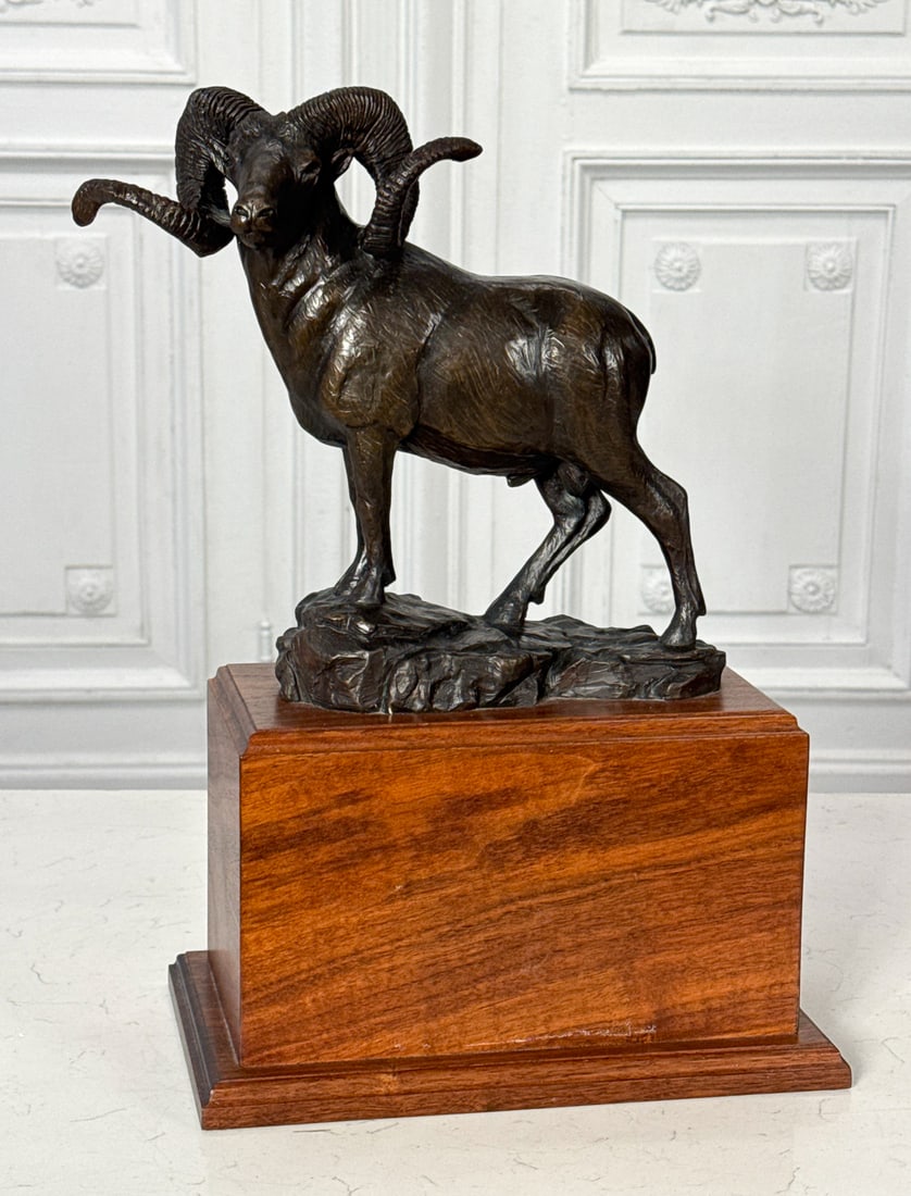 Robert Charles Hunt, American, Texas, 1960-2017: Robert Charles Hunt, American, Texas, 1960-2017, Bighorn Sheep Ram, 2001, Signed And Dated On Base, 10.5 4 X 8 Inches, On Walnut Plinth Overall 17 X 11 X 7 Inches
