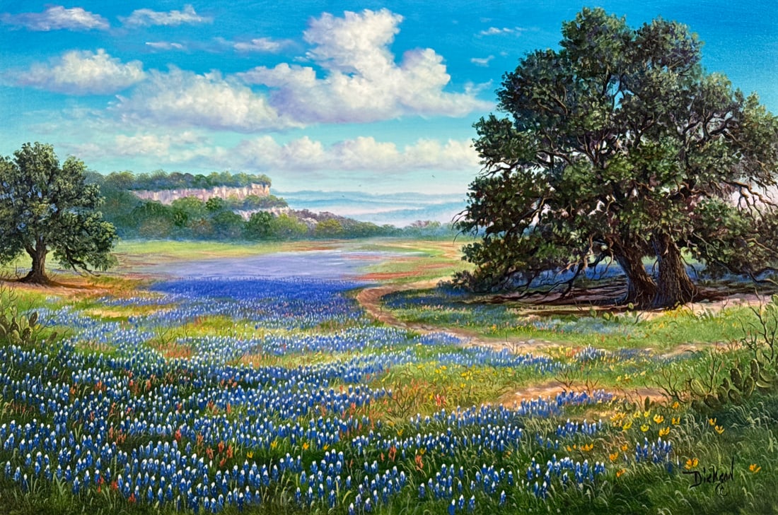 Bonnie Dickson, American/Texas 1937-2022: Bonnie Dickson, American/Texas 1937-2022, Bluebonnet Landscape With Hill Country Canyon In The Distance, Signed Dixon Lower Right, Oil On Canvas, Sight Height 23 1/2 Inches X Width 35 1/2 Inches,