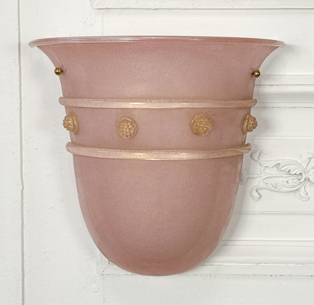 Pink Barovier Murano Glass Sconce: Pink Barovier Murano Glass Sconce, Vasiform Shade With Pink And Clear Glass With Gold Flecks, Height 12, Width 12, Depth 6 Inches, Electrification Present And Still In Factory Wrap, From Thomas Grant