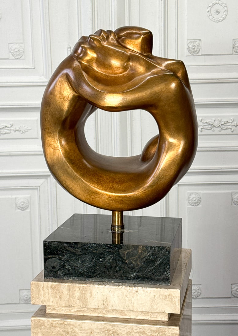 Bronze Sculpture Of Biomorphic Figures: Bronze Sculpture Of Biomorphic Figures With Pedestal, Possibly Eli Karpel Or Robert Russin, Rotating Gilt Bronze Sculpture Of Embracing Figures, Mounted On Black Marble Base, Approximately 20 Inches