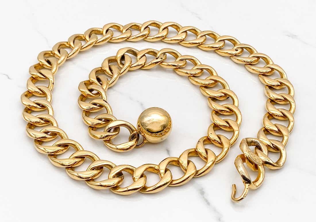 Chanel Ball Chain Belt: Chanel Ball Chain Belt, Gold Tone Hardware, 1990's, Length 35 1/2 Inch, Tab Marked Chanel Made In France, Hook Marked Chanel, A Few Spots Of Loss To Plating