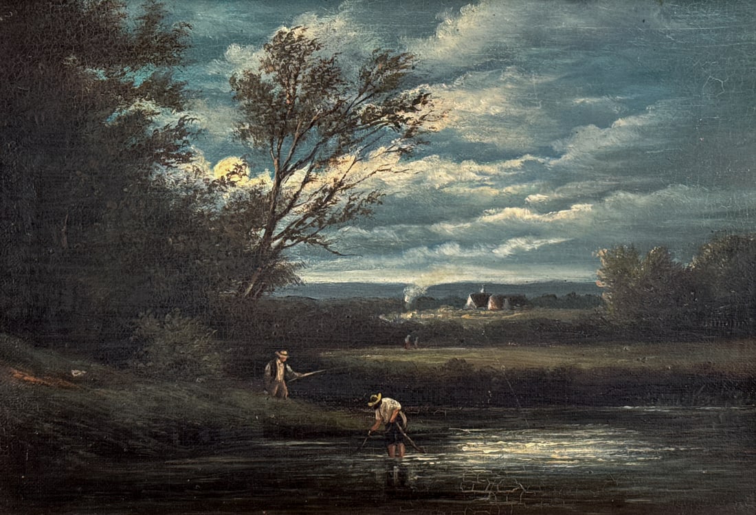 Small Antique Fishermen At Dawn Oil Painting: Small Antique Fishermen At Dawn Oil Painting, Probably English, Late 19th - Early 20th Century, Night Landscape With Pond And A Village In The Distance, Oil On Canvas, Unsigned, 8 X 12 Inches, Later