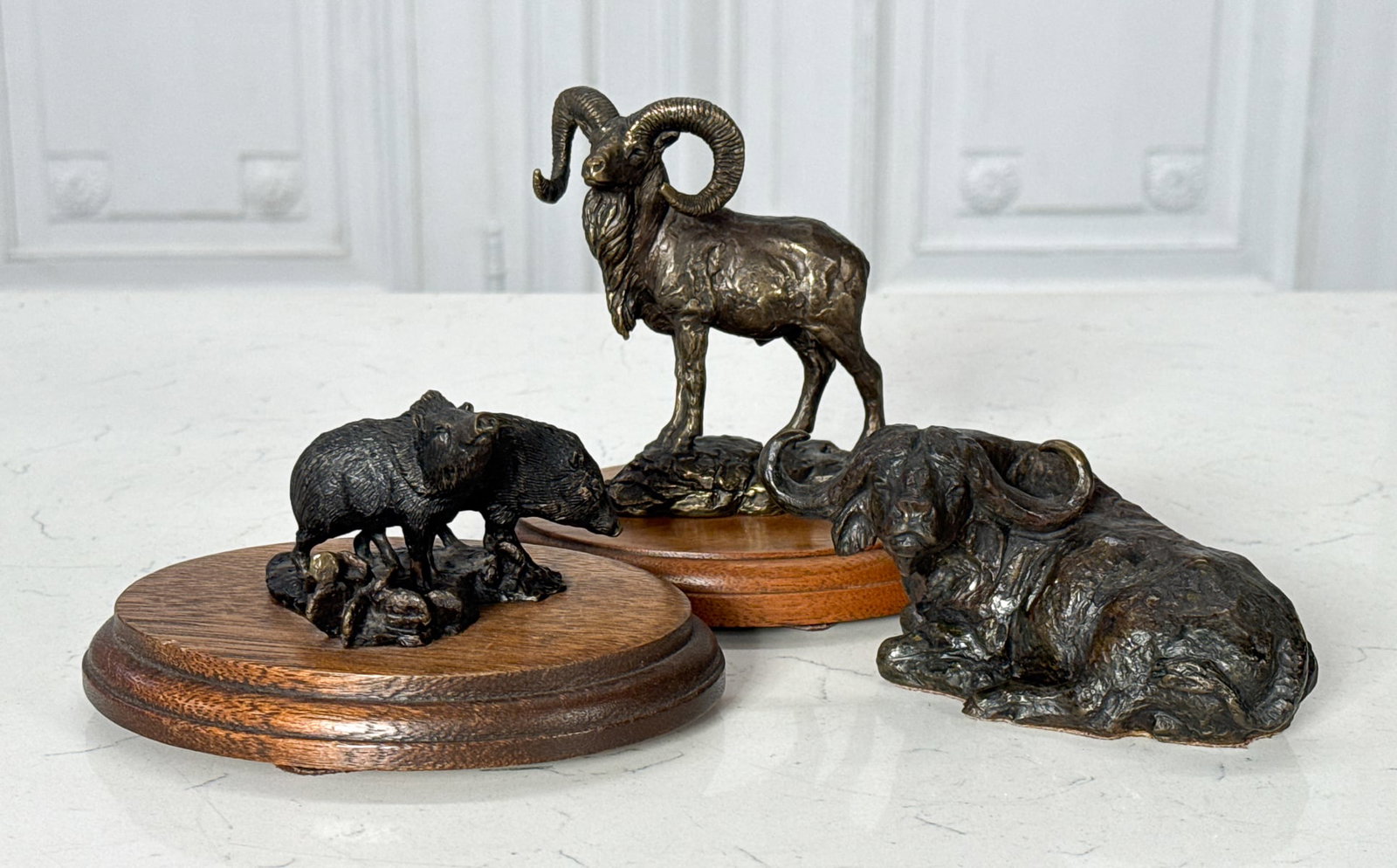 Tom Tischler, American, Texas, Born 1950: Tom Tischler, American, Texas, Born 1950, Urial Ram, Two Javelinas, And Water Buffalo, Three Cabinet Bronzes, All Signed With Edition Numbers Of /25, Ram 3 X 5.5 X 2 Inches, The Other Two Smaller On