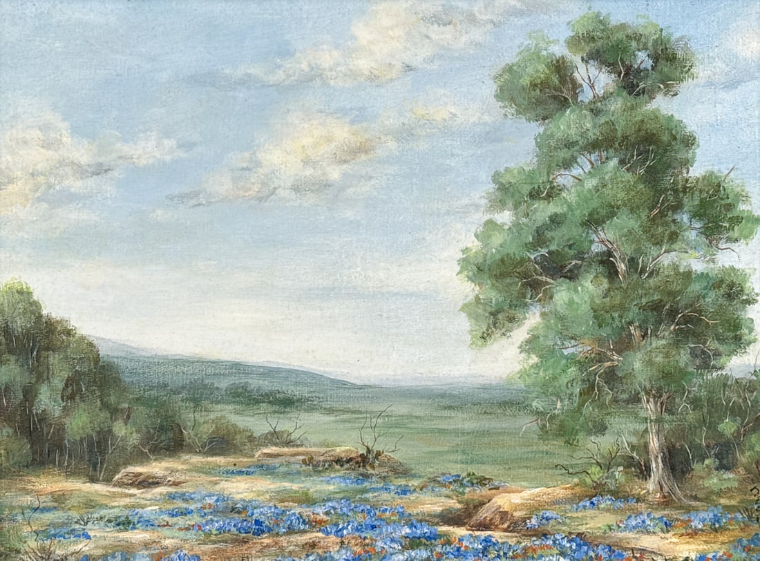Texas Landscape With Bluebonnets Painting: Texas Landscape With Bluebonnets Painting, Mid 20th Century, Oil On Canvas, Unsigned, Inscribed Waco Texas Verso, 9 X 12 Inches, Mexican Carved Wood Frame, 16 X 18.5 X 2 Inches, Tide Mark To Linen