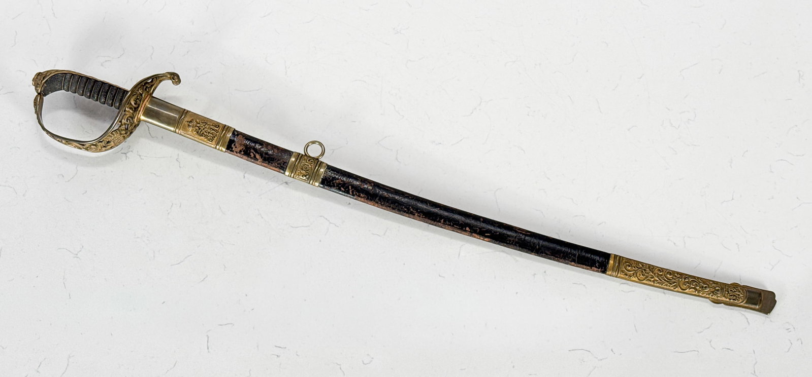 Austro-Hungarian Hapsburg Court Sword: Hapsburg Court Sword, Austro Hungarian, Early 20th Century, Nickel Plated Blade Marked Garangirt, Solingen, Leather And Bronze Sheath With Imperial Crown, Length 35 Inches, Structurally Sound, Wear