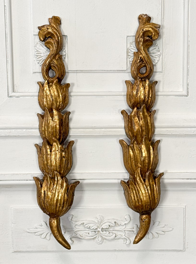 Pair Of French Architectural Elements: Pair Of French Architectural Elements, Bellflower Form, 19th Century, See Photos For Old Wormholes, Losses To Gilding, Old Glue Repair. 19 1/2 X 4 X 2 Inches, Review All Photos For Additional