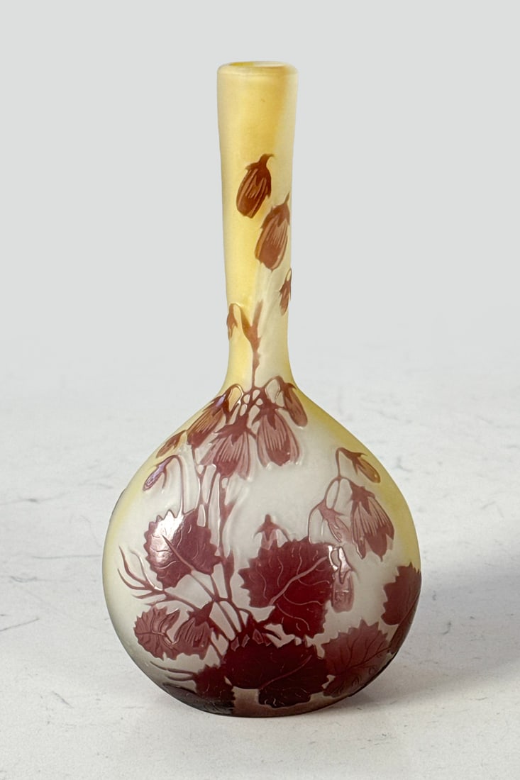 Galle Soliflore Art Glass Vase: Galle Soliflore Art Glass Vase, French, Early 20th C., Small Banjo Form With Cameo Glass, Signed Lower Back, Height 6.5 Inches, Shelf Wear Underside, Inherent Pinhead Bubble On Back, Review All Photos