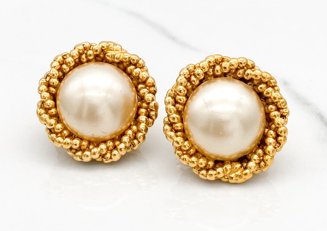 Chanel Pearl Braided Earrings: Chanel Pearl Braided Earrings, Faux Pearls Surrounded By Twisted Beading, Marked 94 A For Autumn 1994, 1 Inch, Clip Style, No Losses Or Major Scratches Observed